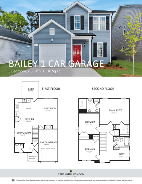 Floor plan for 3 beds, 2.5 baths, 1510 sqft